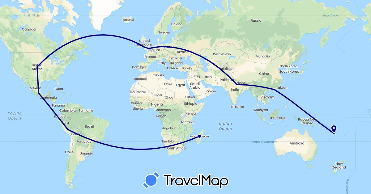 TravelMap itinerary: driving in China, Germany, United Kingdom, India, Madagascar, Mexico, Peru, United States, Vanuatu (Africa, Asia, Europe, North America, Oceania, South America)